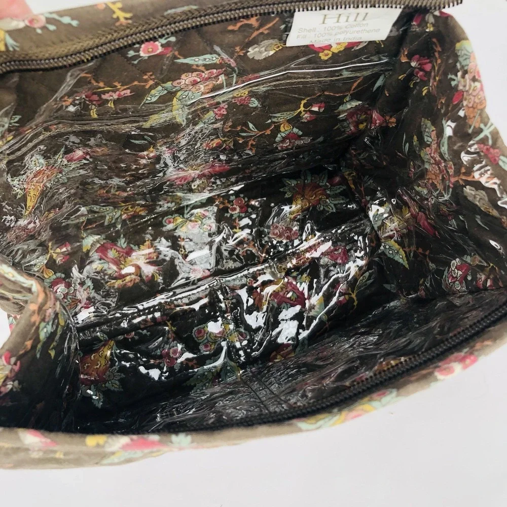 Garnet Hill 3-pc Quilted Toiletry Cosmetic Tote Purse Bag Brown Floral Set